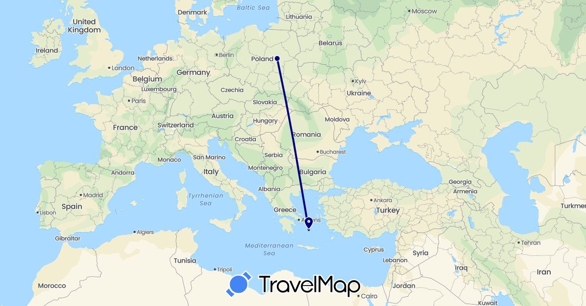 TravelMap itinerary: driving in Greece, Poland (Europe)